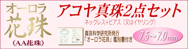 【オーロラ花珠】アコヤ真珠2点セット(7.5～7.0ミリ/オーロラ花珠鑑別書付き)