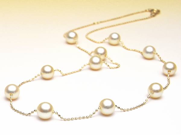 大人気　テリ最強　アコヤ真珠　6-6.5mm ステーションネックレス K18金 K18YGアコヤ真珠ステーションネックレス（シャンパンゴールド
