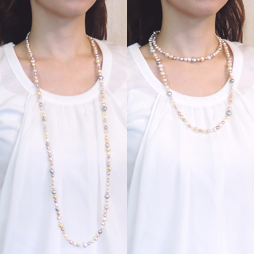 マルチカラー淡水真珠ロングネックレス（100cm）使用例