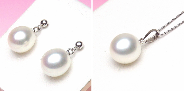K14WG淡水真珠「ペンダント+ピアス」セット（8.5＆7.5mm）