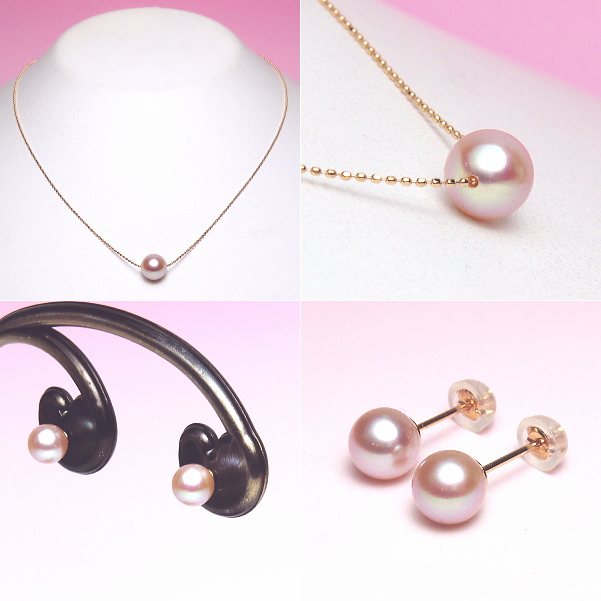 K18PG淡水真珠「スルーネックレス +ピアス」セット（7.5mm＆6.0mm）