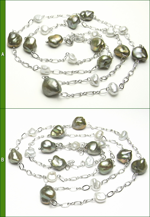 艶々ピスタチオグリーン＆ホワイトカラーの淡水真珠ロングステーションネックレス（90cm）