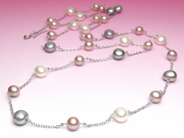 淡水真珠ロングステーションネックレス（3色マルチカラー）