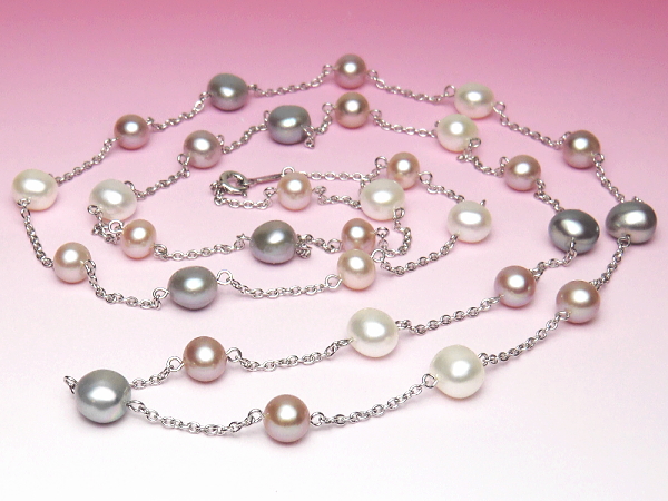 淡水真珠ロングステーションネックレス（3色マルチカラー）