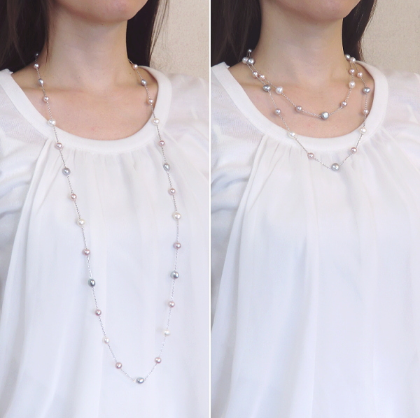 淡水真珠ロングステーションネックレス（3色マルチカラー）