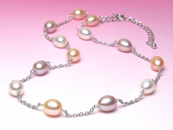 マルチカラー淡水真珠ステーションネックレス