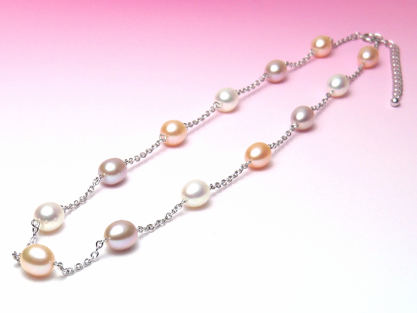 マルチカラー淡水真珠ステーションネックレス