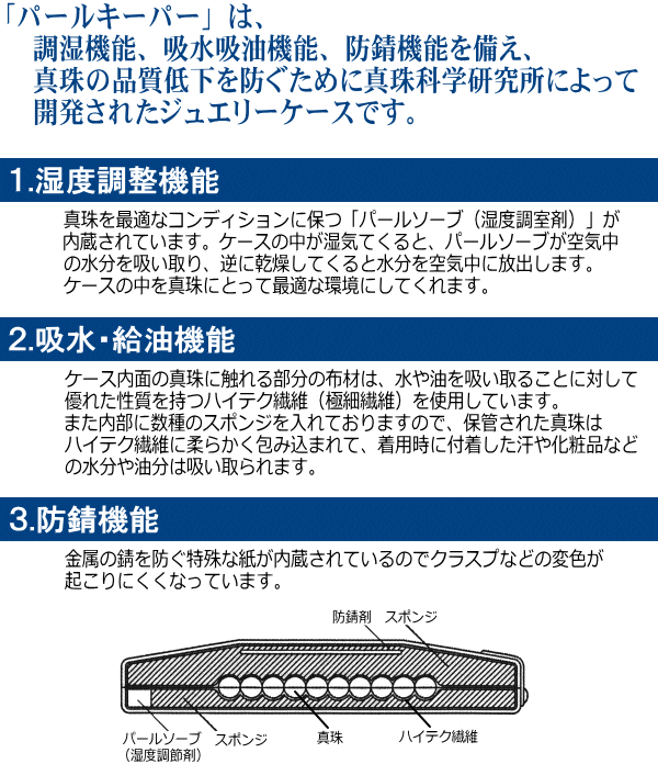 パールキーパー 3点セット用 (真珠等のジュエリー保管用ケース／色はネイビーブルーとレッドよりご選択可) + 真珠てりクロス セット 【真珠