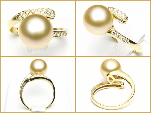 ナチュラルゴールドカラーのK18白蝶真珠ダイヤ入りリング