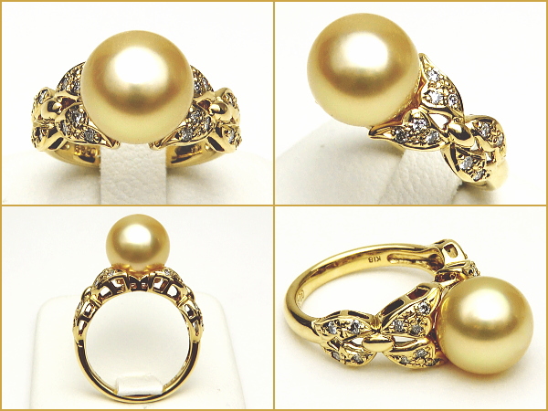 ナチュラルゴールドカラーのK18YG白蝶真珠ダイヤ入りリング