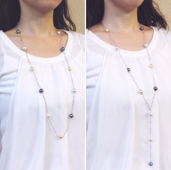 3色マルチカラーの白蝶真珠&黒蝶真珠ロングステーションネックレス 使用例