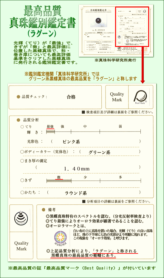 黒蝶真珠最高品質「ラグーン」鑑別鑑定書付き